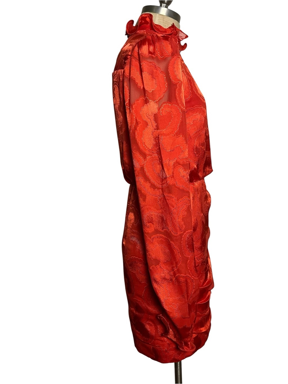 Saloni Rina B Mini Dress Women's Silk Jacquard Ruffle Puff Sleeve Poppy Red 4 - Picture 9 of 14